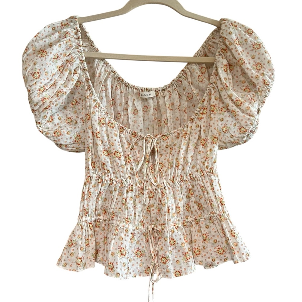Doen Cream Floral Puff-Sleeve Blouse
